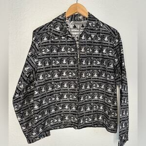 Chico’s Black Silver Silk Open Jacket Lady Vintage Cameo Print Artsy Museum